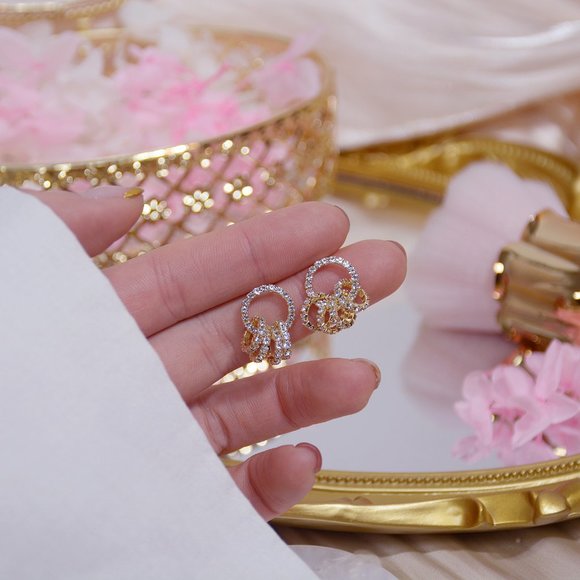 NEW 14K Gold Plated Diamond Circle Earrings - Picture 3 of 6